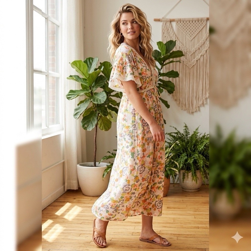 Laura Biagiotti Floral Empire Waist Maxi Dress Boho Romantic Lace Flutter Sleeve